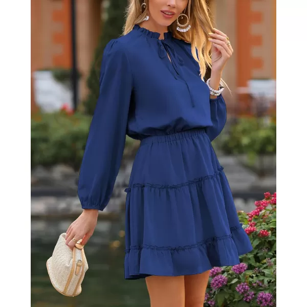 imageBTFBM Women Casual Summer Fall Dresses Tie V Neck Long Sleeve High Waist Ruffle Tiered A Line Swing Tunic Mini DressLong Sleeve Bright Blue