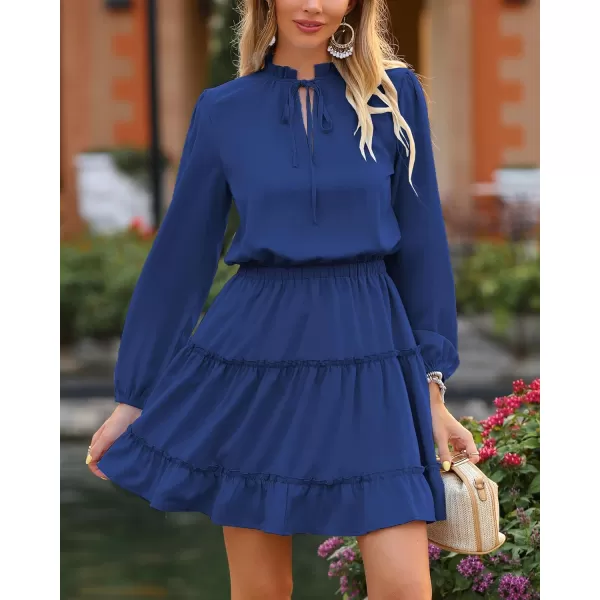 imageBTFBM Women Casual Summer Fall Dresses Tie V Neck Long Sleeve High Waist Ruffle Tiered A Line Swing Tunic Mini DressLong Sleeve Bright Blue