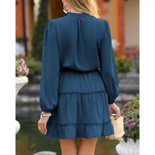 imageBTFBM Women Casual Summer Fall Dresses Tie V Neck Long Sleeve High Waist Ruffle Tiered A Line Swing Tunic Mini DressLong Sleeve Dark Blue