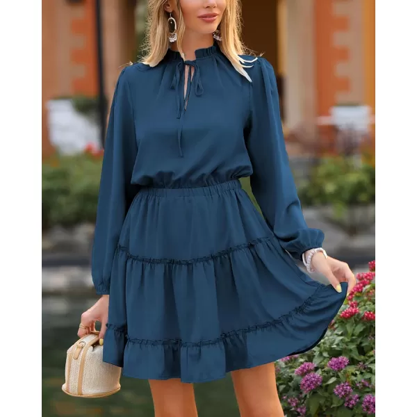 imageBTFBM Women Casual Summer Fall Dresses Tie V Neck Long Sleeve High Waist Ruffle Tiered A Line Swing Tunic Mini DressLong Sleeve Dark Blue