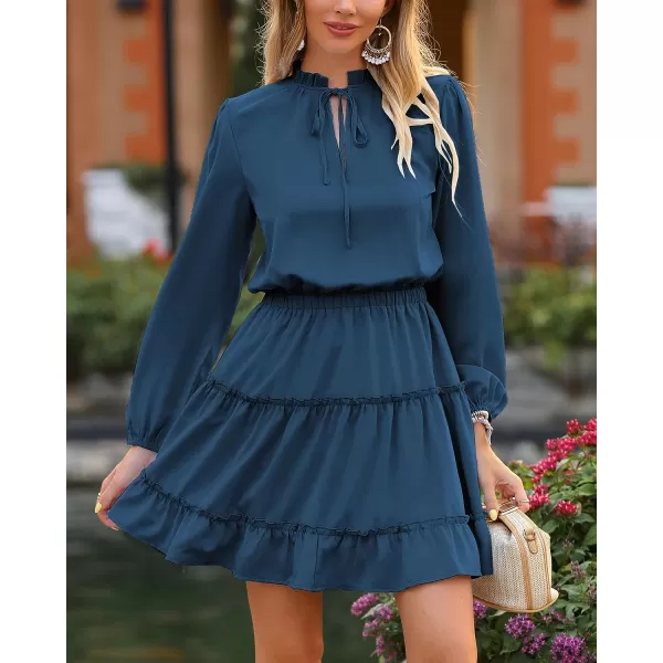 imageBTFBM Women Casual Summer Fall Dresses Tie V Neck Long Sleeve High Waist Ruffle Tiered A Line Swing Tunic Mini DressLong Sleeve Dark Blue
