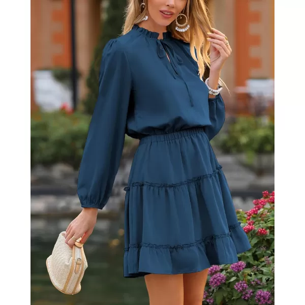 imageBTFBM Women Casual Summer Fall Dresses Tie V Neck Long Sleeve High Waist Ruffle Tiered A Line Swing Tunic Mini DressLong Sleeve Dark Blue