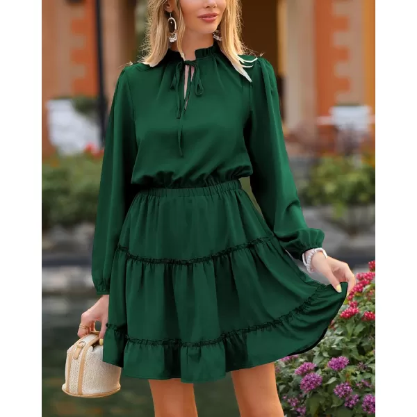 imageBTFBM Women Casual Summer Fall Dresses Tie V Neck Long Sleeve High Waist Ruffle Tiered A Line Swing Tunic Mini DressLong Sleeve Dark Green