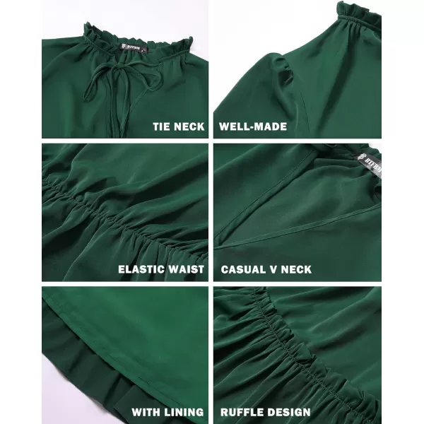 imageBTFBM Women Casual Summer Fall Dresses Tie V Neck Long Sleeve High Waist Ruffle Tiered A Line Swing Tunic Mini DressLong Sleeve Dark Green