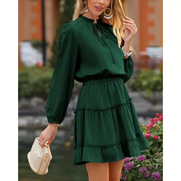 imageBTFBM Women Casual Summer Fall Dresses Tie V Neck Long Sleeve High Waist Ruffle Tiered A Line Swing Tunic Mini DressLong Sleeve Dark Green