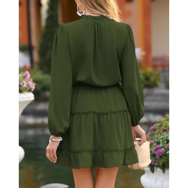 imageBTFBM Women Casual Summer Fall Dresses Tie V Neck Long Sleeve High Waist Ruffle Tiered A Line Swing Tunic Mini DressLong Sleeve Green