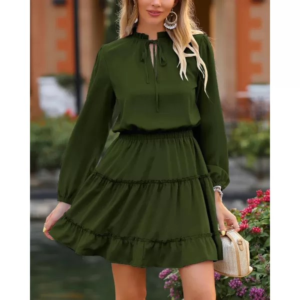 imageBTFBM Women Casual Summer Fall Dresses Tie V Neck Long Sleeve High Waist Ruffle Tiered A Line Swing Tunic Mini DressLong Sleeve Green