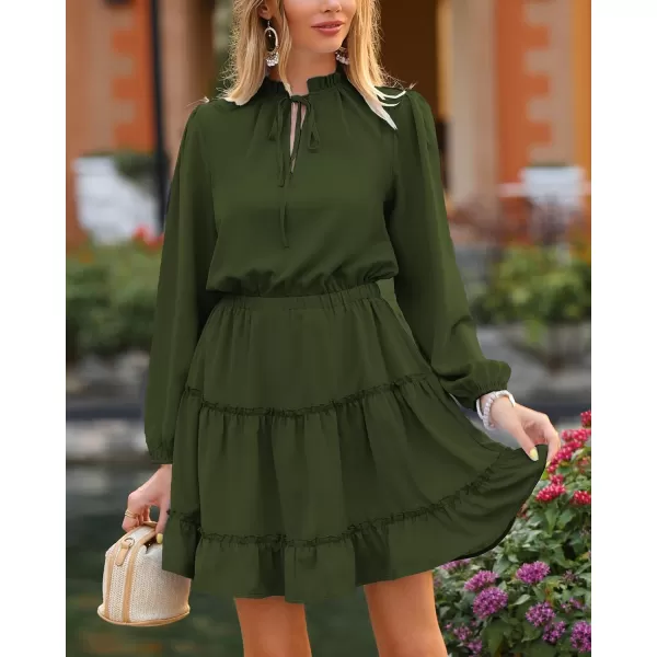 imageBTFBM Women Casual Summer Fall Dresses Tie V Neck Long Sleeve High Waist Ruffle Tiered A Line Swing Tunic Mini DressLong Sleeve Green