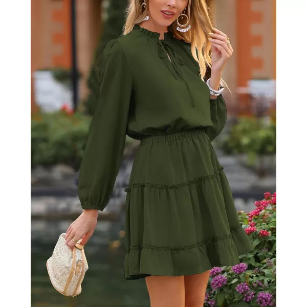 imageBTFBM Women Casual Summer Fall Dresses Tie V Neck Long Sleeve High Waist Ruffle Tiered A Line Swing Tunic Mini DressLong Sleeve Green
