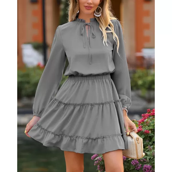 imageBTFBM Women Casual Summer Fall Dresses Tie V Neck Long Sleeve High Waist Ruffle Tiered A Line Swing Tunic Mini DressLong Sleeve Grey