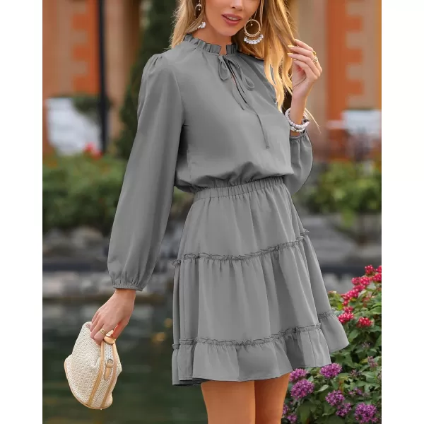 imageBTFBM Women Casual Summer Fall Dresses Tie V Neck Long Sleeve High Waist Ruffle Tiered A Line Swing Tunic Mini DressLong Sleeve Grey