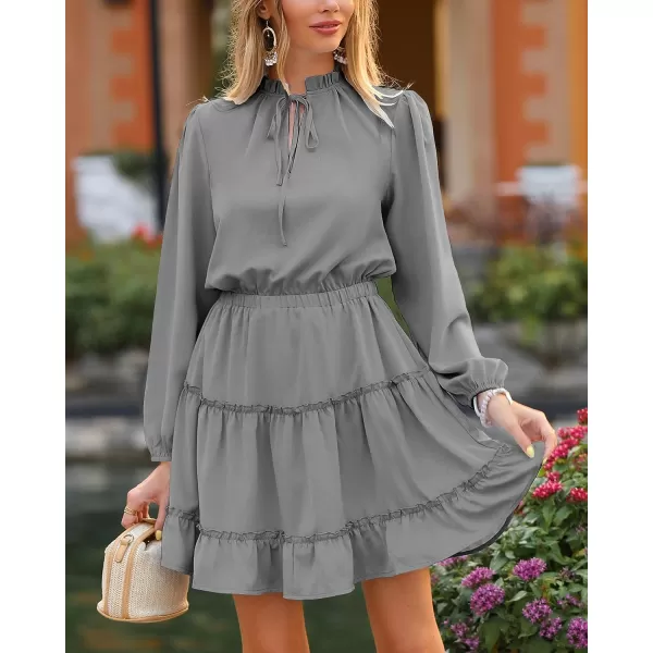 imageBTFBM Women Casual Summer Fall Dresses Tie V Neck Long Sleeve High Waist Ruffle Tiered A Line Swing Tunic Mini DressLong Sleeve Grey