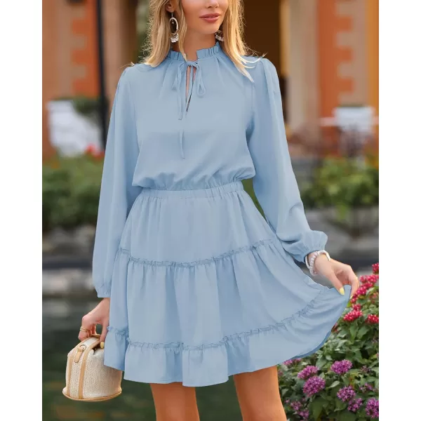 imageBTFBM Women Casual Summer Fall Dresses Tie V Neck Long Sleeve High Waist Ruffle Tiered A Line Swing Tunic Mini DressLong Sleeve Light Blue