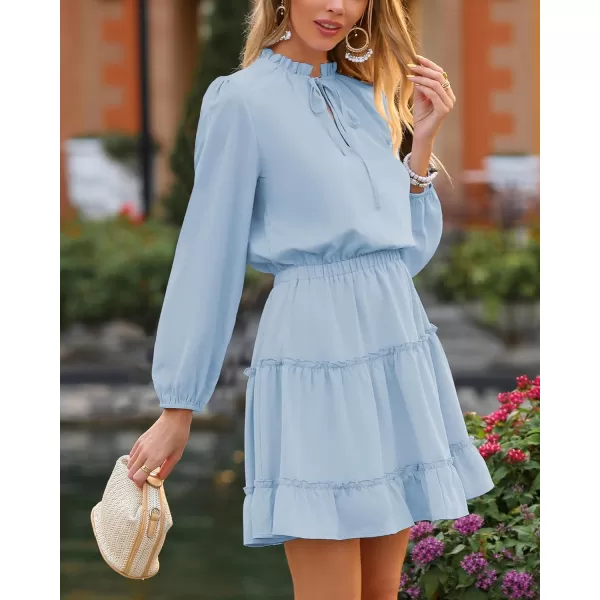 imageBTFBM Women Casual Summer Fall Dresses Tie V Neck Long Sleeve High Waist Ruffle Tiered A Line Swing Tunic Mini DressLong Sleeve Light Blue