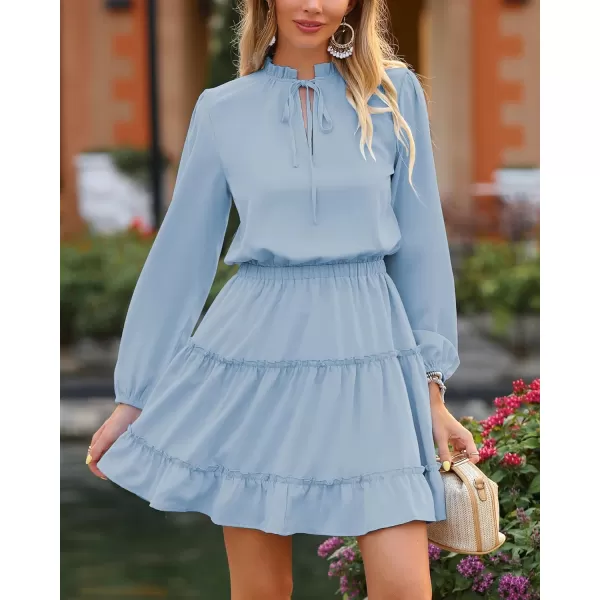 imageBTFBM Women Casual Summer Fall Dresses Tie V Neck Long Sleeve High Waist Ruffle Tiered A Line Swing Tunic Mini DressLong Sleeve Light Blue