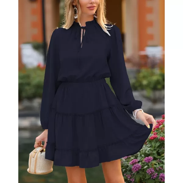 imageBTFBM Women Casual Summer Fall Dresses Tie V Neck Long Sleeve High Waist Ruffle Tiered A Line Swing Tunic Mini DressLong Sleeve Navy