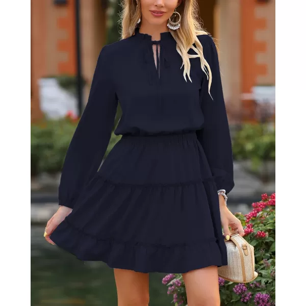 imageBTFBM Women Casual Summer Fall Dresses Tie V Neck Long Sleeve High Waist Ruffle Tiered A Line Swing Tunic Mini DressLong Sleeve Navy