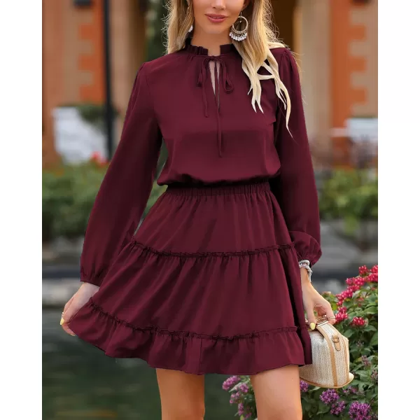 imageBTFBM Women Casual Summer Fall Dresses Tie V Neck Long Sleeve High Waist Ruffle Tiered A Line Swing Tunic Mini DressLong Sleeve Red