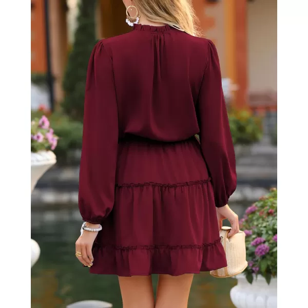 imageBTFBM Women Casual Summer Fall Dresses Tie V Neck Long Sleeve High Waist Ruffle Tiered A Line Swing Tunic Mini DressLong Sleeve Red