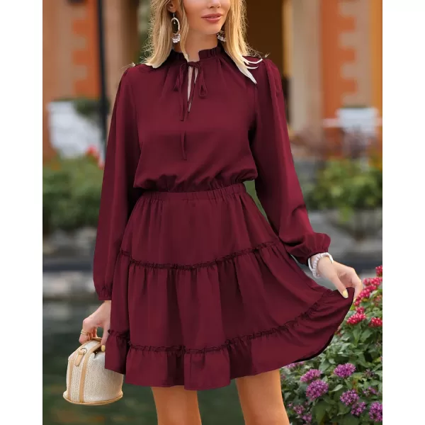 imageBTFBM Women Casual Summer Fall Dresses Tie V Neck Long Sleeve High Waist Ruffle Tiered A Line Swing Tunic Mini DressLong Sleeve Red