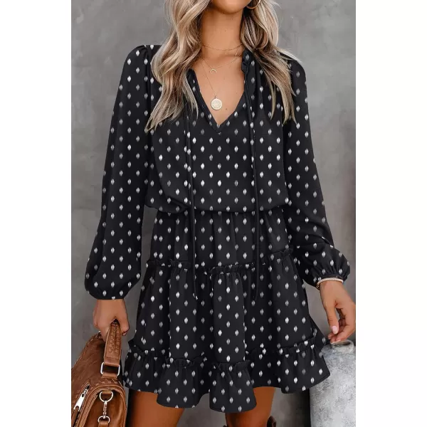 imageBTFBM Women Casual Summer Fall Dresses Tie V Neck Long Sleeve High Waist Ruffle Tiered A Line Swing Tunic Mini DressPrint Black