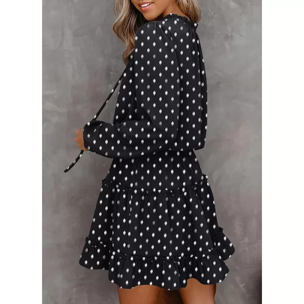 imageBTFBM Women Casual Summer Fall Dresses Tie V Neck Long Sleeve High Waist Ruffle Tiered A Line Swing Tunic Mini DressPrint Black