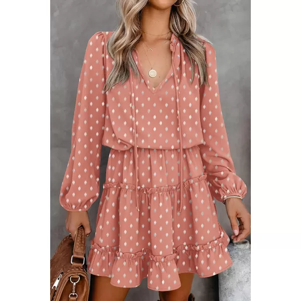 imageBTFBM Women Casual Summer Fall Dresses Tie V Neck Long Sleeve High Waist Ruffle Tiered A Line Swing Tunic Mini DressPrint Champagne