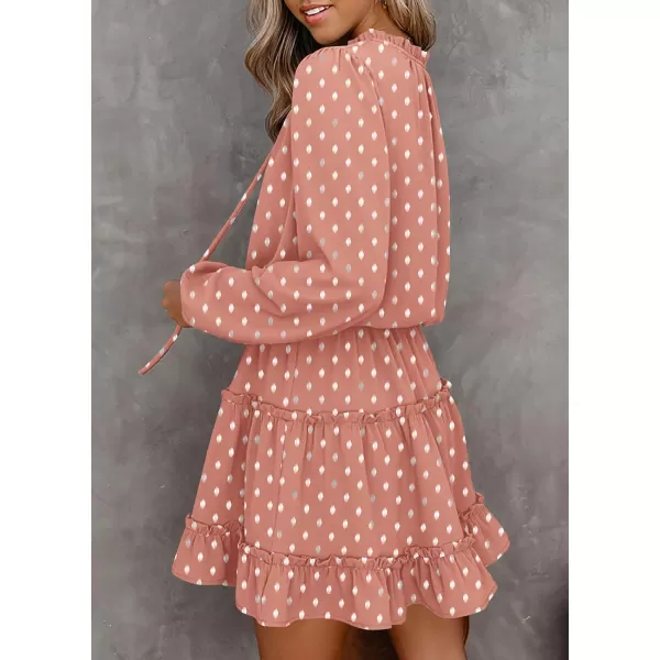 imageBTFBM Women Casual Summer Fall Dresses Tie V Neck Long Sleeve High Waist Ruffle Tiered A Line Swing Tunic Mini DressPrint Champagne