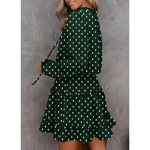 imageBTFBM Women Casual Summer Fall Dresses Tie V Neck Long Sleeve High Waist Ruffle Tiered A Line Swing Tunic Mini DressPrint Dark Green