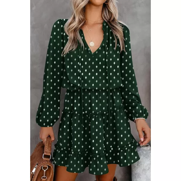 imageBTFBM Women Casual Summer Fall Dresses Tie V Neck Long Sleeve High Waist Ruffle Tiered A Line Swing Tunic Mini DressPrint Dark Green