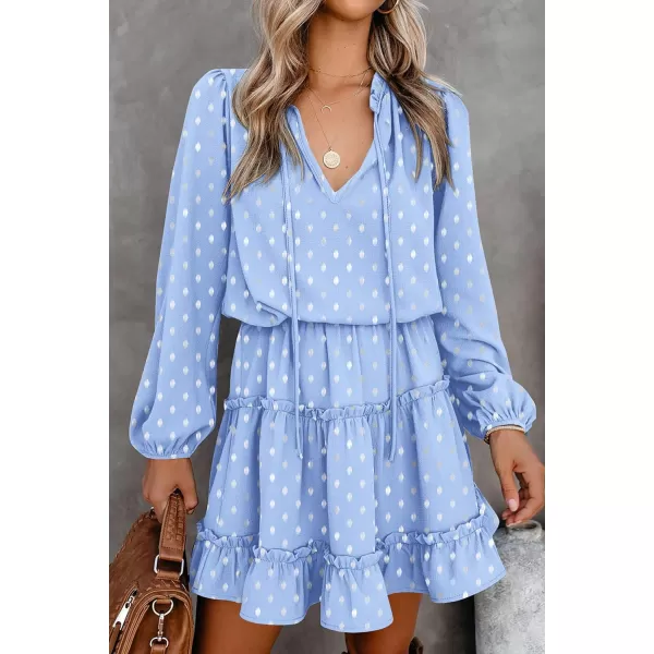 imageBTFBM Women Casual Summer Fall Dresses Tie V Neck Long Sleeve High Waist Ruffle Tiered A Line Swing Tunic Mini DressPrint Light Blue