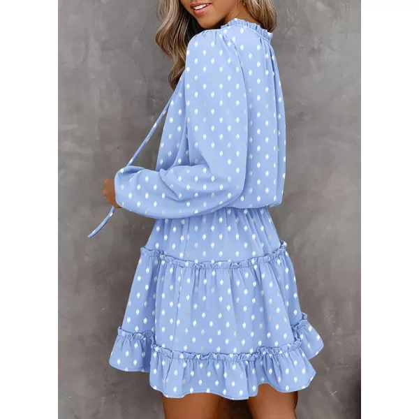 imageBTFBM Women Casual Summer Fall Dresses Tie V Neck Long Sleeve High Waist Ruffle Tiered A Line Swing Tunic Mini DressPrint Light Blue