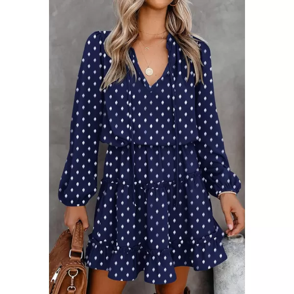 imageBTFBM Women Casual Summer Fall Dresses Tie V Neck Long Sleeve High Waist Ruffle Tiered A Line Swing Tunic Mini DressPrint Navy