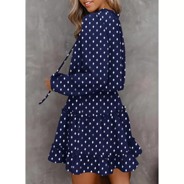 imageBTFBM Women Casual Summer Fall Dresses Tie V Neck Long Sleeve High Waist Ruffle Tiered A Line Swing Tunic Mini DressPrint Navy