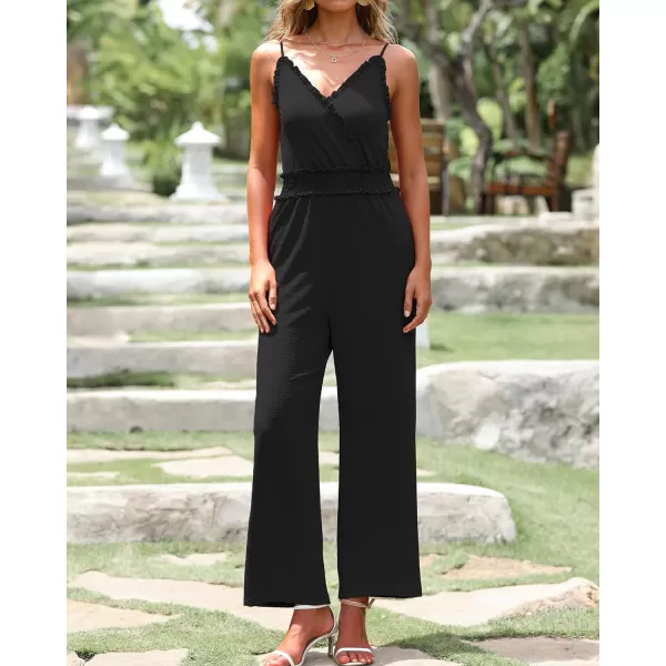 imageBTFBM Women Casual Summer Jumpsuits 2023 Sleeveless V Neck Spaghetti Strap Long Pants Rompers One Piece Jumpsuit OutfitsSolid Black