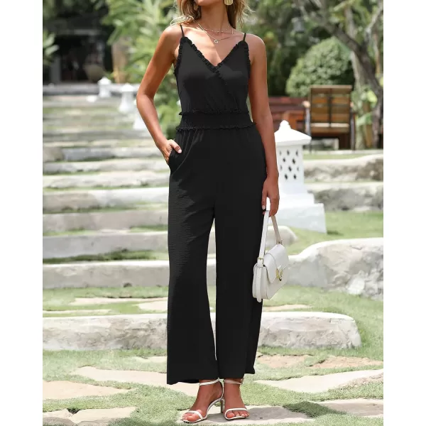 imageBTFBM Women Casual Summer Jumpsuits 2023 Sleeveless V Neck Spaghetti Strap Long Pants Rompers One Piece Jumpsuit OutfitsSolid Black