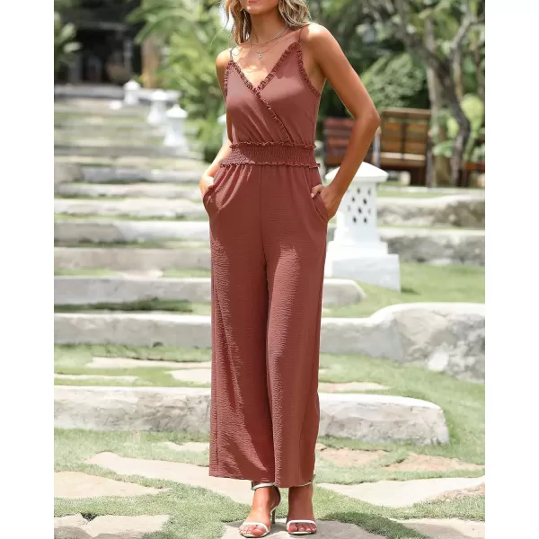 imageBTFBM Women Casual Summer Jumpsuits 2023 Sleeveless V Neck Spaghetti Strap Long Pants Rompers One Piece Jumpsuit OutfitsSolid Brick Red