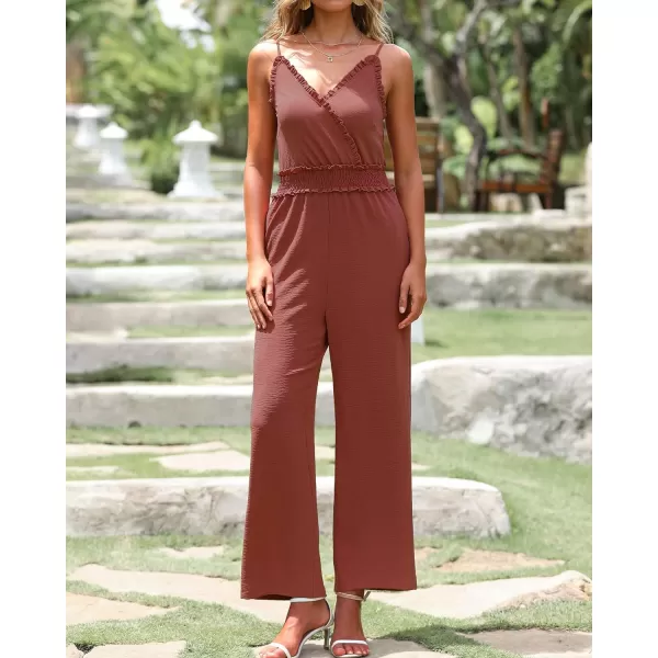 imageBTFBM Women Casual Summer Jumpsuits 2023 Sleeveless V Neck Spaghetti Strap Long Pants Rompers One Piece Jumpsuit OutfitsSolid Brick Red