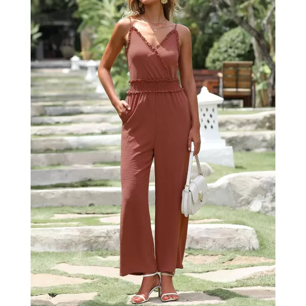 imageBTFBM Women Casual Summer Jumpsuits 2023 Sleeveless V Neck Spaghetti Strap Long Pants Rompers One Piece Jumpsuit OutfitsSolid Brick Red