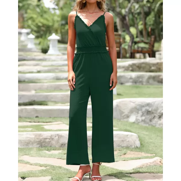 imageBTFBM Women Casual Summer Jumpsuits 2023 Sleeveless V Neck Spaghetti Strap Long Pants Rompers One Piece Jumpsuit OutfitsSolid Dark Green