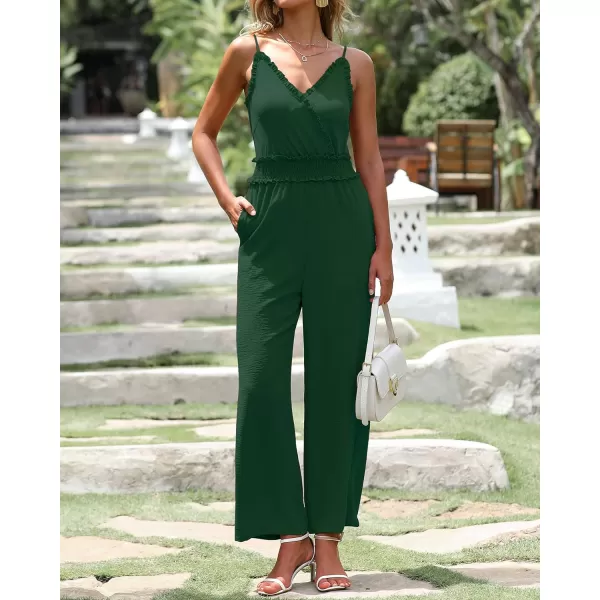 imageBTFBM Women Casual Summer Jumpsuits 2023 Sleeveless V Neck Spaghetti Strap Long Pants Rompers One Piece Jumpsuit OutfitsSolid Dark Green