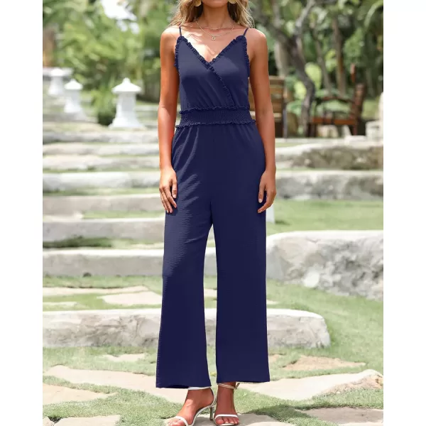 imageBTFBM Women Casual Summer Jumpsuits 2023 Sleeveless V Neck Spaghetti Strap Long Pants Rompers One Piece Jumpsuit OutfitsSolid Navy
