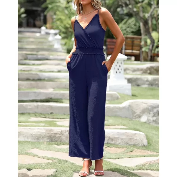 imageBTFBM Women Casual Summer Jumpsuits 2023 Sleeveless V Neck Spaghetti Strap Long Pants Rompers One Piece Jumpsuit OutfitsSolid Navy