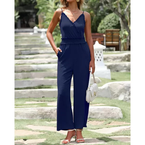 imageBTFBM Women Casual Summer Jumpsuits 2023 Sleeveless V Neck Spaghetti Strap Long Pants Rompers One Piece Jumpsuit OutfitsSolid Navy