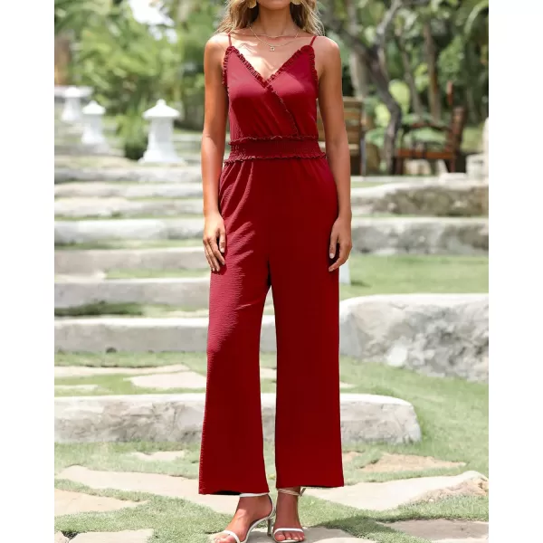 imageBTFBM Women Casual Summer Jumpsuits 2023 Sleeveless V Neck Spaghetti Strap Long Pants Rompers One Piece Jumpsuit OutfitsSolid Red