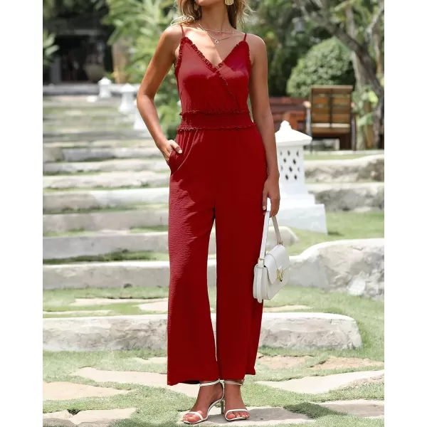 imageBTFBM Women Casual Summer Jumpsuits 2023 Sleeveless V Neck Spaghetti Strap Long Pants Rompers One Piece Jumpsuit OutfitsSolid Red