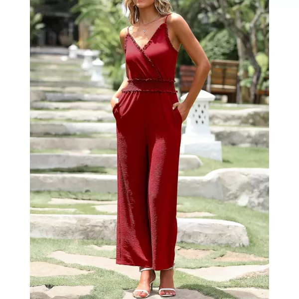 imageBTFBM Women Casual Summer Jumpsuits 2023 Sleeveless V Neck Spaghetti Strap Long Pants Rompers One Piece Jumpsuit OutfitsSolid Red