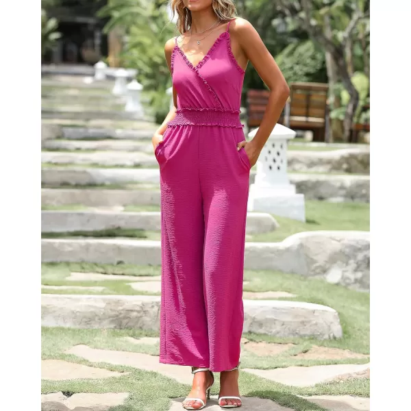 imageBTFBM Women Casual Summer Jumpsuits 2023 Sleeveless V Neck Spaghetti Strap Long Pants Rompers One Piece Jumpsuit OutfitsSolid Rose Red
