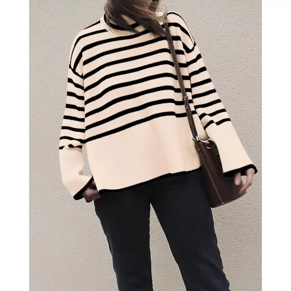 imageBTFBM Women Casual Turtleneck Striped Sweater 2023 Fall Winter Jumper Tops Long Sleeve Side Slit Oversized Knit PulloverStriped Beige