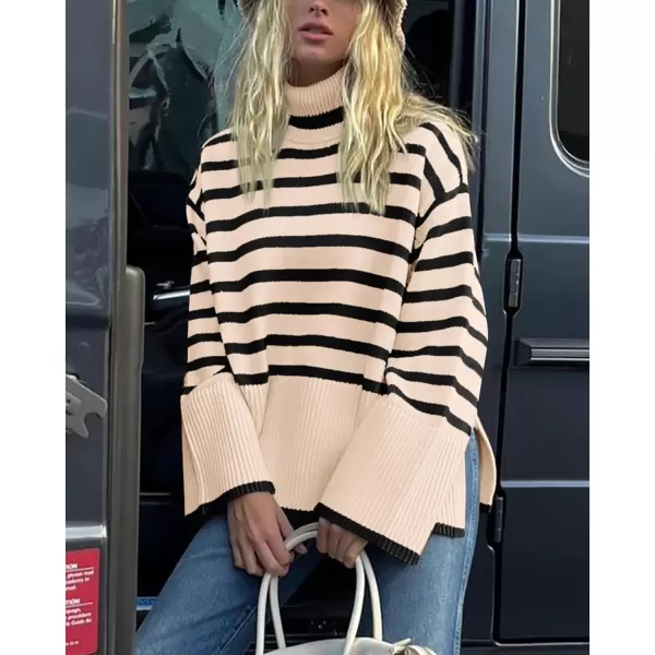 imageBTFBM Women Casual Turtleneck Striped Sweater 2023 Fall Winter Jumper Tops Long Sleeve Side Slit Oversized Knit PulloverStriped Beige